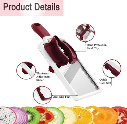 Mandoline Slicer for Kitchen – Adjustable Stainless Steel Blades, with Comfort Grip – Vegetable Slicer for Small to Medium sized Cucumber, Onion, Potato- Maroon