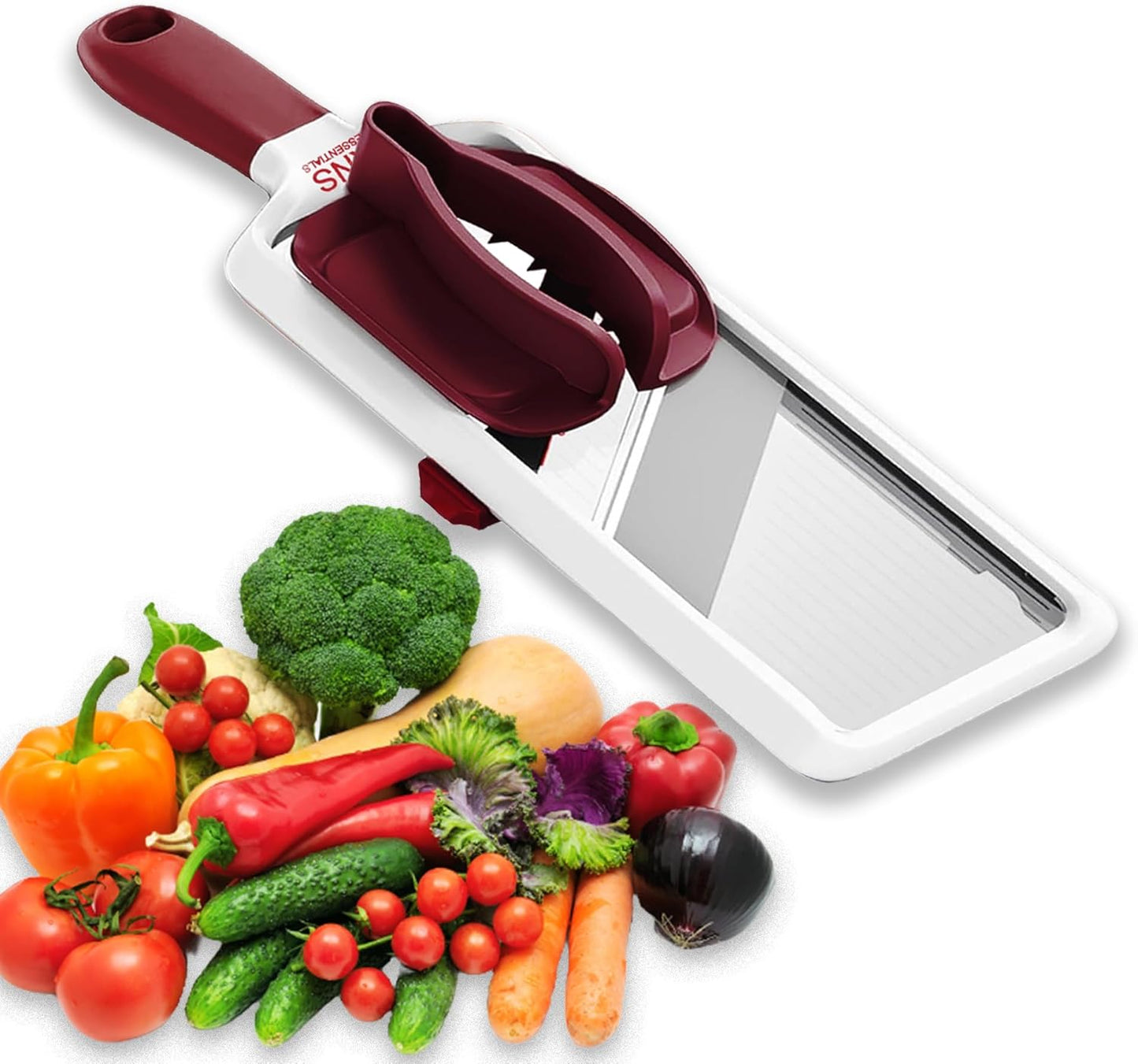 Mandoline Slicer for Kitchen – Adjustable Stainless Steel Blades, with Comfort Grip – Vegetable Slicer for Small to Medium sized Cucumber, Onion, Potato- Maroon