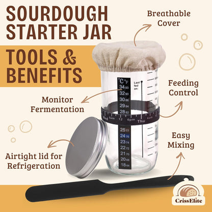 Sourdough Starter Kit – Complete Sourdough Bread Baking Supplies with 24oz Glass Sourdough Starter Jar, 9” Round & 10” Oval Banneton Proofing Basket Set, Sourdough Tools – Artisan Gift for Bakers