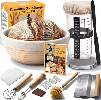 Sourdough Starter Kit – Complete Sourdough Bread Baking Supplies with 24oz Glass Sourdough Starter Jar, 9” Round & 10” Oval Banneton Proofing Basket Set, Sourdough Tools – Artisan Gift for Bakers