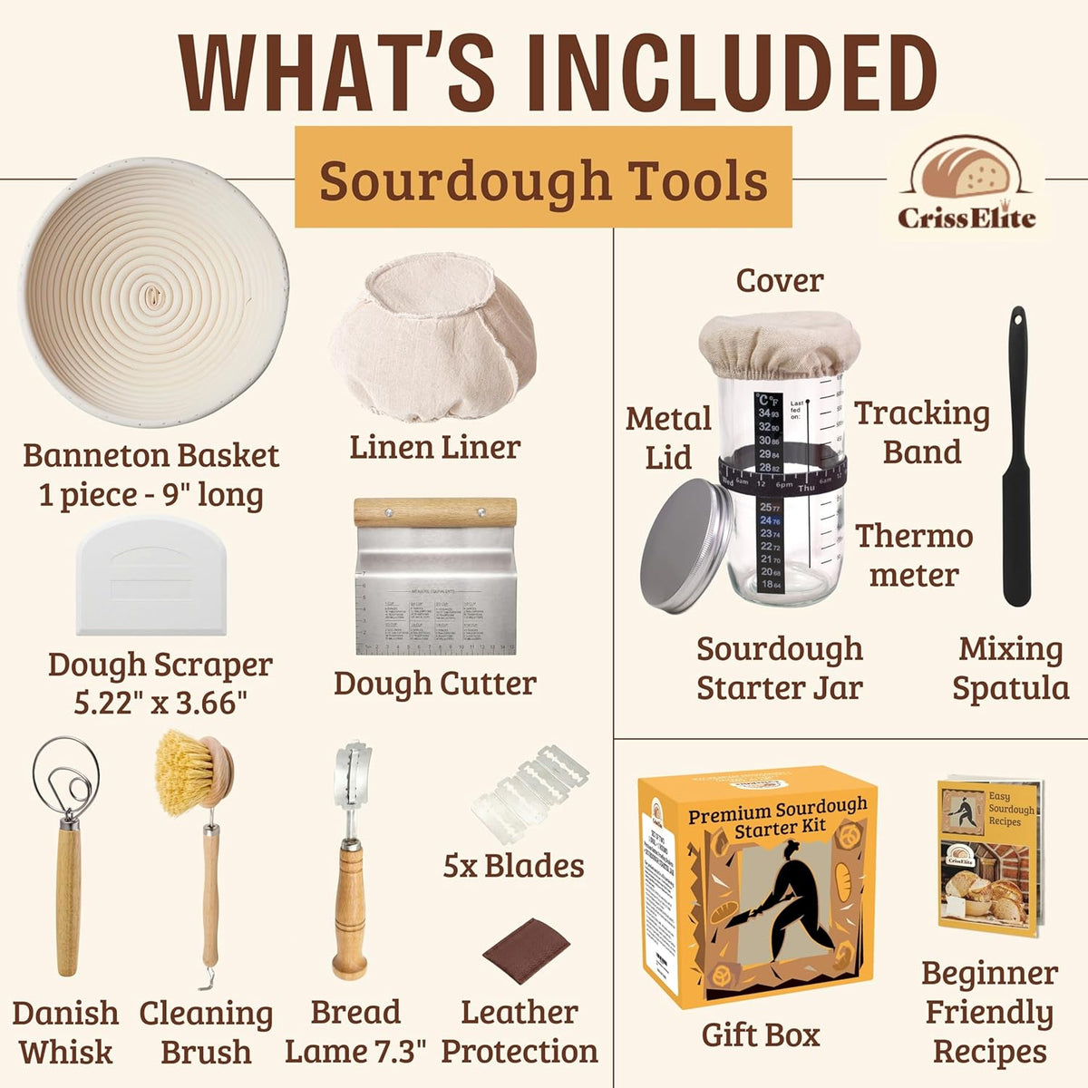 Sourdough Starter Kit – Complete Sourdough Bread Baking Supplies with 24oz Glass Sourdough Starter Jar, 9” Round & 10” Oval Banneton Proofing Basket Set, Sourdough Tools – Artisan Gift for Bakers