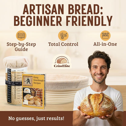 Sourdough Starter Kit – Complete Sourdough Bread Baking Supplies with 24oz Glass Sourdough Starter Jar, 9” Round & 10” Oval Banneton Proofing Basket Set, Sourdough Tools – Artisan Gift for Bakers