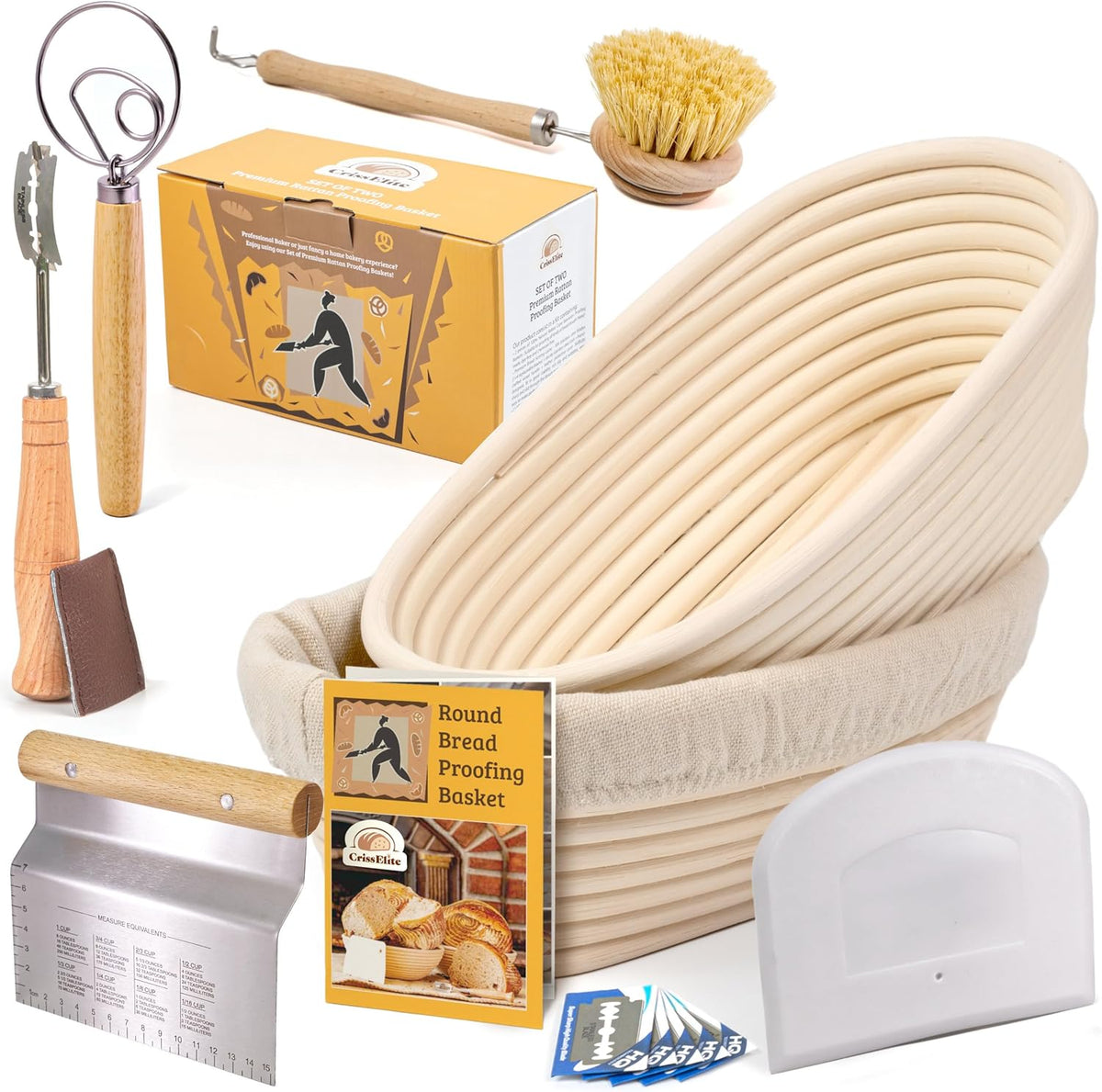 Sourdough Starter Kit – Complete Sourdough Bread Baking Supplies with 24oz Glass Sourdough Starter Jar, 9” Round & 10” Oval Banneton Proofing Basket Set, Sourdough Tools – Artisan Gift for Bakers