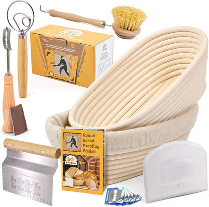Sourdough Starter Kit – Complete Sourdough Bread Baking Supplies with 24oz Glass Sourdough Starter Jar, 9” Round & 10” Oval Banneton Proofing Basket Set, Sourdough Tools – Artisan Gift for Bakers
