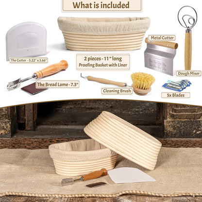 Sourdough Starter Kit – Complete Sourdough Bread Baking Supplies with 24oz Glass Sourdough Starter Jar, 9” Round & 10” Oval Banneton Proofing Basket Set, Sourdough Tools – Artisan Gift for Bakers
