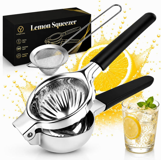 304 Stainless Steel Lemon Squeezer, Manual Lime Squeezer with 13 Filter Holes & Fine Strainer – Heavy Duty Citrus Juicer with Non-Slip Handles, Dishwasher Safe