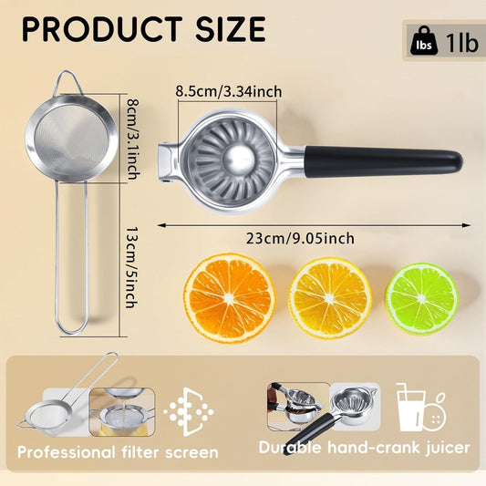 304 Stainless Steel Lemon Squeezer, Manual Lime Squeezer with 13 Filter Holes & Fine Strainer – Heavy Duty Citrus Juicer with Non-Slip Handles, Dishwasher Safe