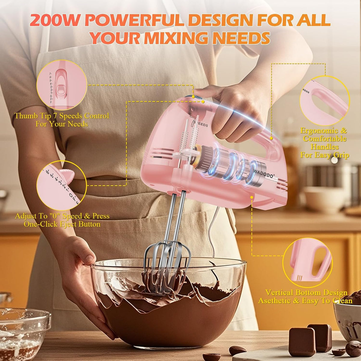 WADODO 7-Speed Electric Hand Mixer – Portable Food Mixer Kitchen Mixer with 304 *(1x Whisk, 2x Beater, 2x Dough hook) for Baking Cakes, Cream, Cookies, PURPLE