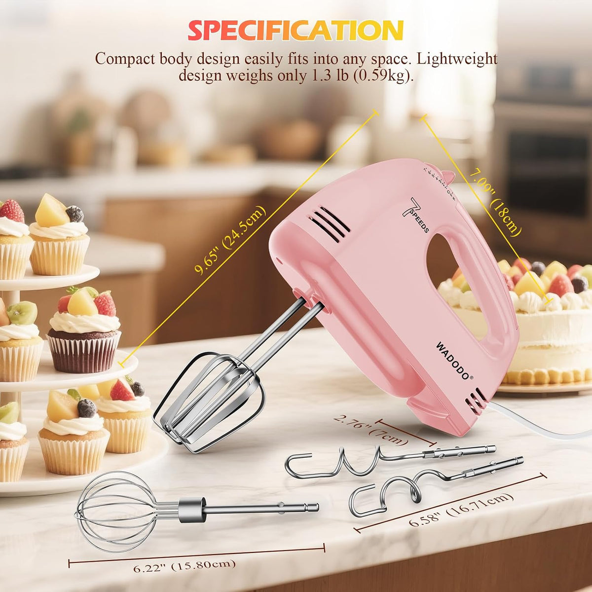 WADODO 7-Speed Electric Hand Mixer – Portable Food Mixer Kitchen Mixer with 304 *(1x Whisk, 2x Beater, 2x Dough hook) for Baking Cakes, Cream, Cookies, PURPLE