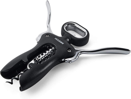 Houdini Wing Corkscrew Wine Bottle Opener, Stainless Steel Non-Stick Spiral, Dishwasher Safe, Clamps Securely onto Bottle, Will Not Crumble Corks