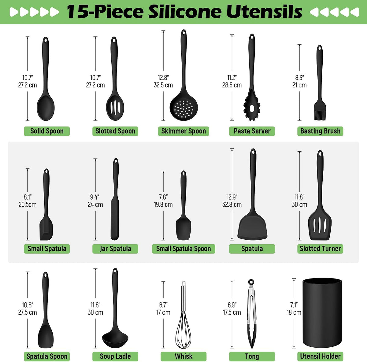 Silicone Cooking Utensil Set, 15pcs Kitchen Utensils with Holder