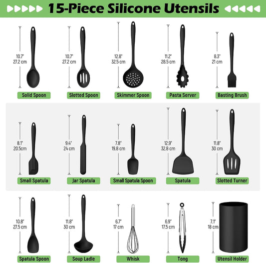 Silicone Cooking Utensil Set, 15pcs Kitchen Utensils with Holder