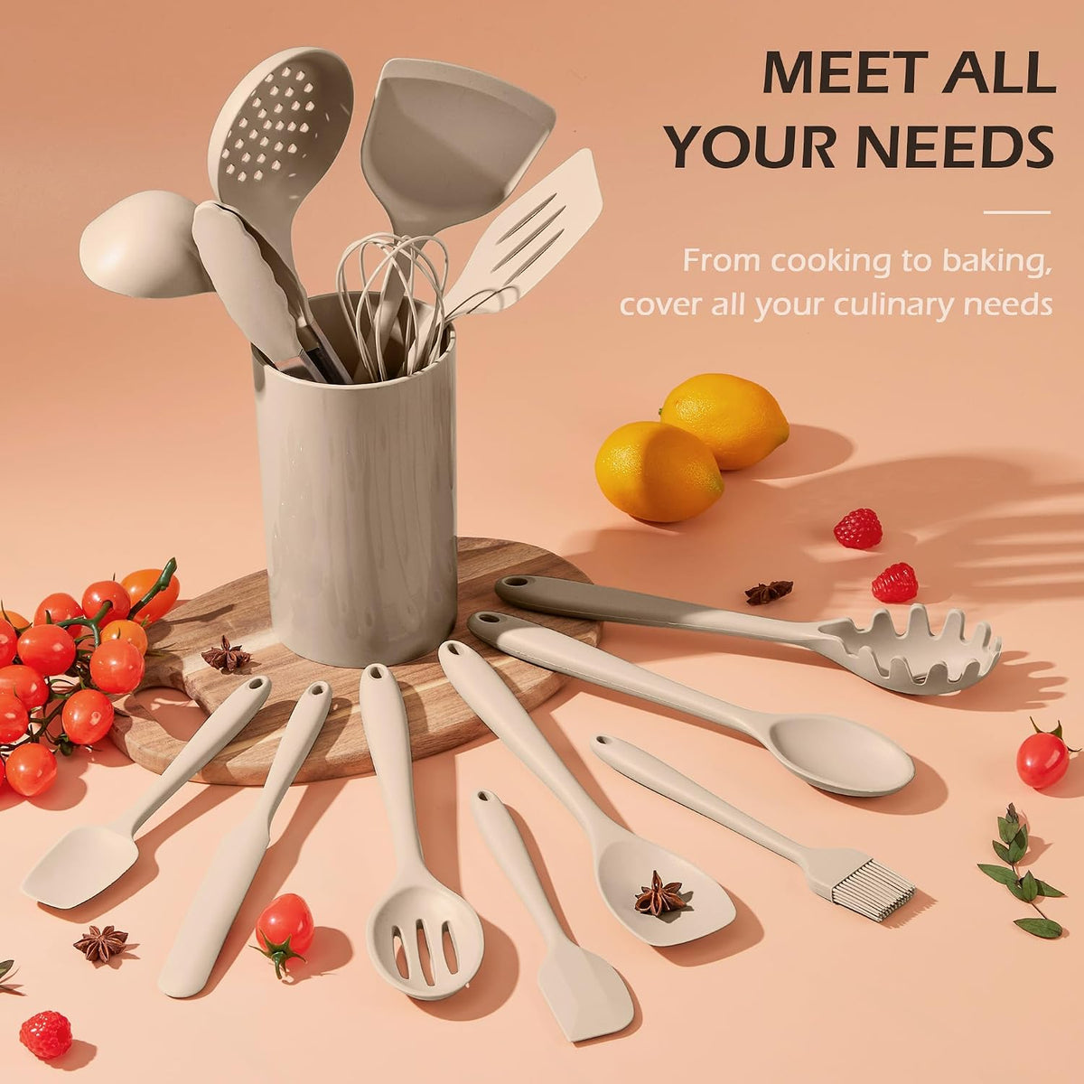 Silicone Cooking Utensil Set, 15pcs Kitchen Utensils with Holder