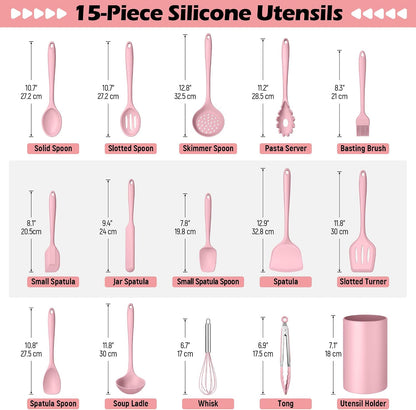 Silicone Cooking Utensil Set, 15pcs Kitchen Utensils with Holder