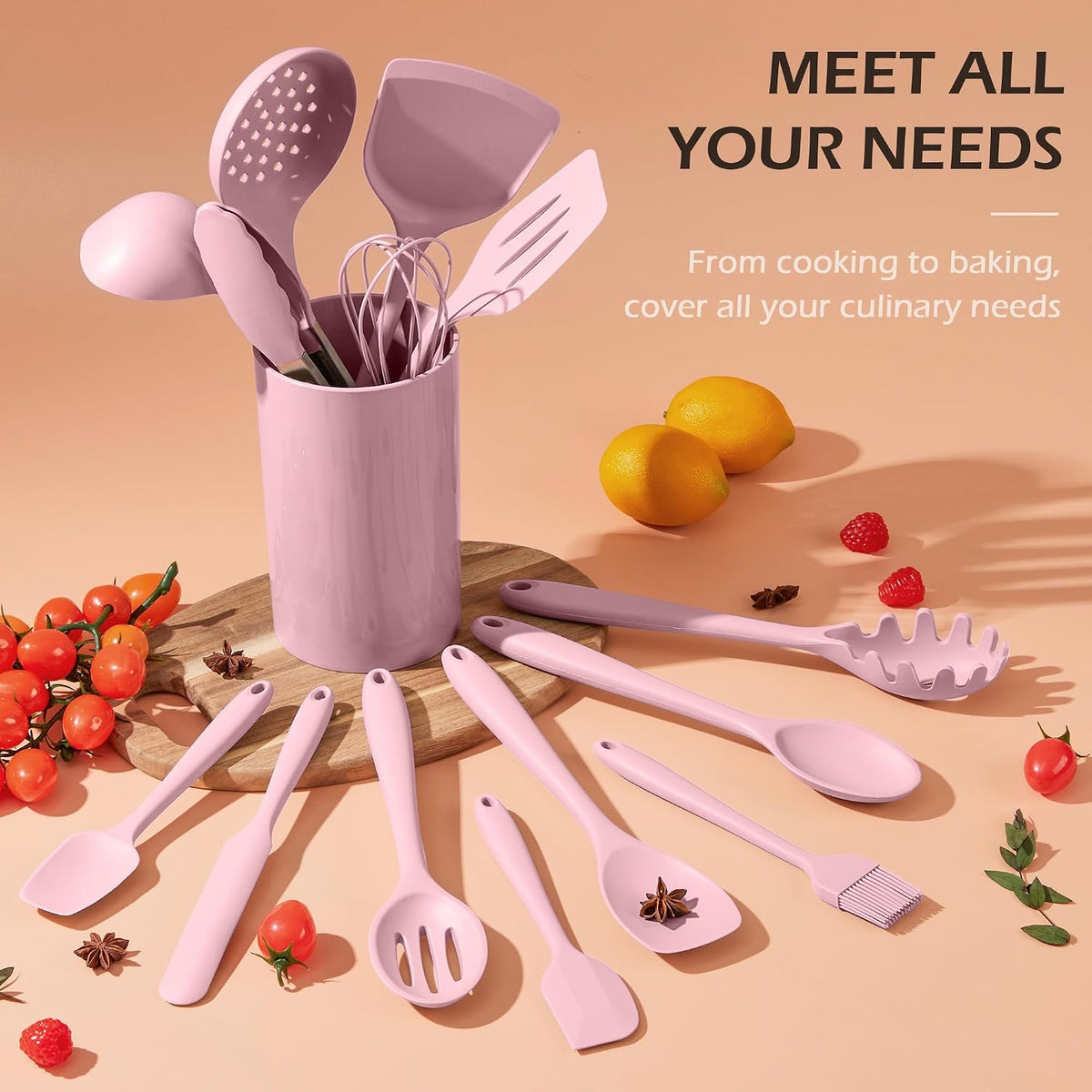 Silicone Cooking Utensil Set, 15pcs Kitchen Utensils with Holder