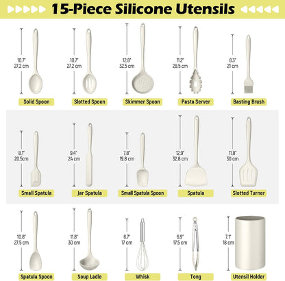 Silicone Cooking Utensil Set, 15pcs Kitchen Utensils with Holder