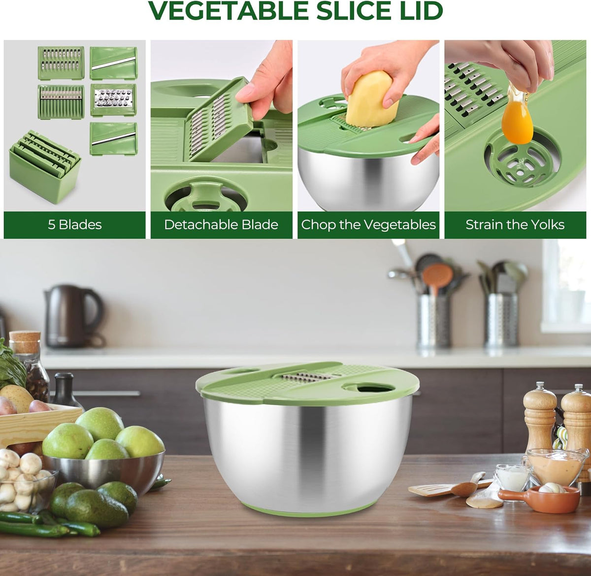 Salad Spinner Large, Lettuce Spinner with 5 Blade Slicer, 5Qt