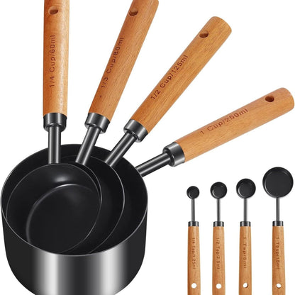 8pc Steel Measuring Set Nonstick Cups Spoons Wood Handle Markings