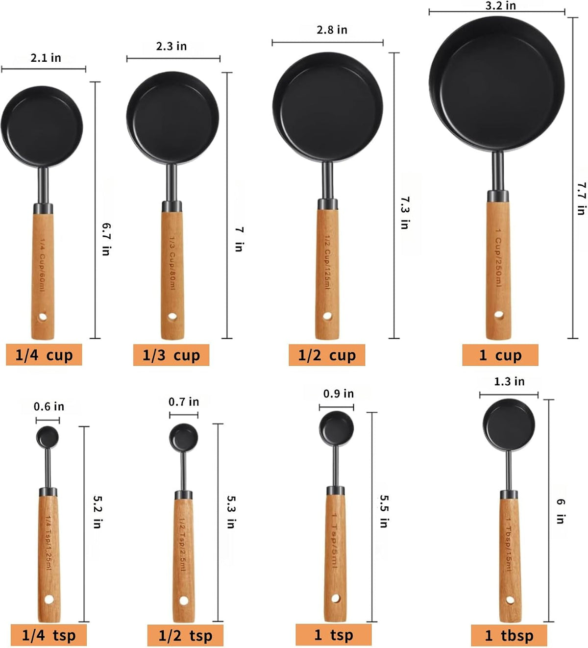 8pc Steel Measuring Set Nonstick Cups Spoons Wood Handle Markings