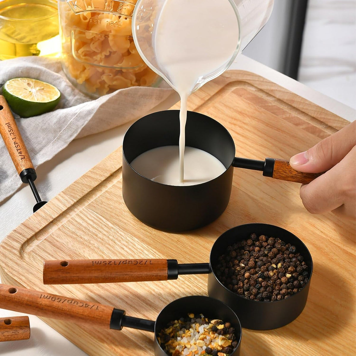 8pc Steel Measuring Set Nonstick Cups Spoons Wood Handle Markings