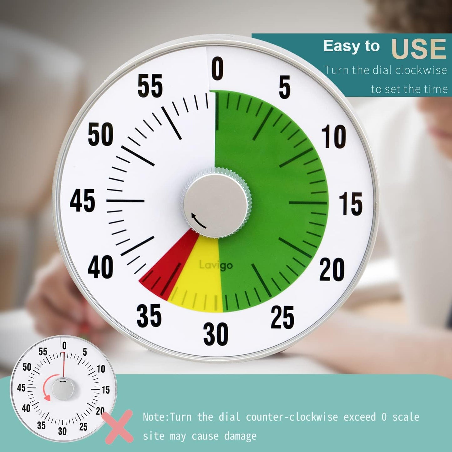 Kitchen Timer, Countdown Visual Analog Timer, Quiet Counting, Low Loud and Mute Alarm for Teachers Classroom, Kids, Adults Kitchen, Office, Gym (Green) LT21-TC 7.5 inches