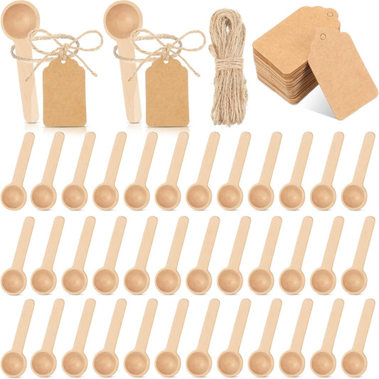 50 Sets 3 Inch Mini Wooden Spoons Small Wooden Spoons Disposable Small Spoons for Spice Jars Wood Spoons with Tags and Twine Condiments Honey Sugar Kitchen Cooking Oil Tea Coffee