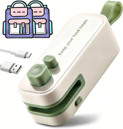 2in1 Mini Bag Sealer, Rechargeable Heat Sealer with Cutter and Magnet | Portable Design ,Bag Resealer for Food Storage ,Snacks Freshness, Use for Kitchen ,Green