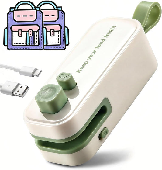 2in1 Mini Bag Sealer, Rechargeable Heat Sealer with Cutter and Magnet | Portable Design ,Bag Resealer for Food Storage ,Snacks Freshness, Use for Kitchen ,Green
