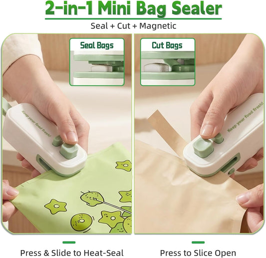 2in1 Mini Bag Sealer, Rechargeable Heat Sealer with Cutter and Magnet | Portable Design ,Bag Resealer for Food Storage ,Snacks Freshness, Use for Kitchen ,Green