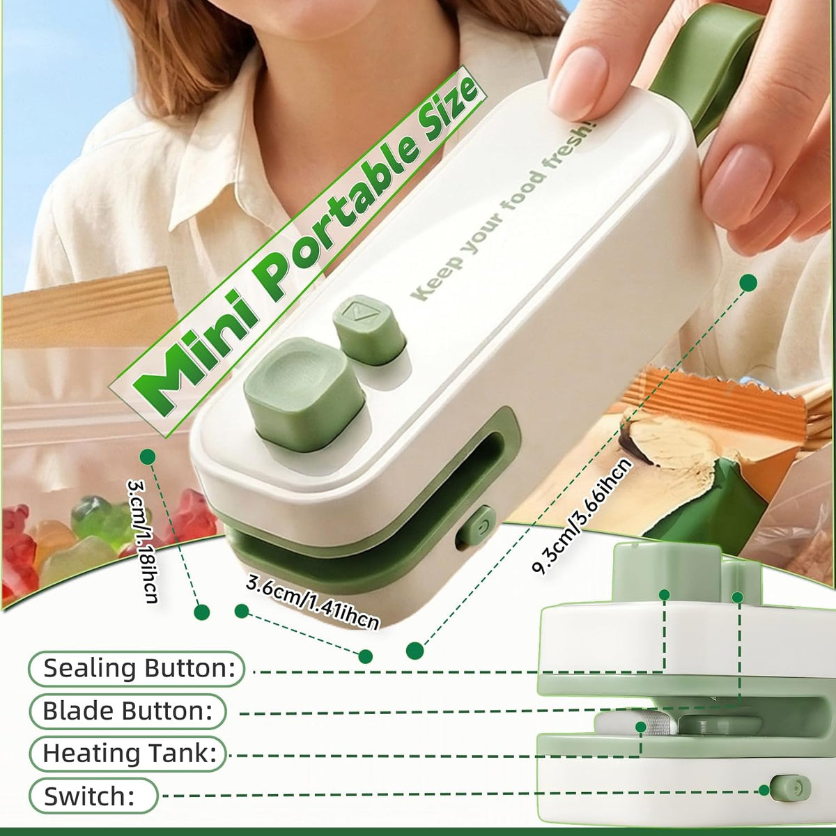 2in1 Mini Bag Sealer, Rechargeable Heat Sealer with Cutter and Magnet | Portable Design ,Bag Resealer for Food Storage ,Snacks Freshness, Use for Kitchen ,Green