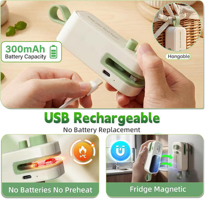 2in1 Mini Bag Sealer, Rechargeable Heat Sealer with Cutter and Magnet | Portable Design ,Bag Resealer for Food Storage ,Snacks Freshness, Use for Kitchen ,Green