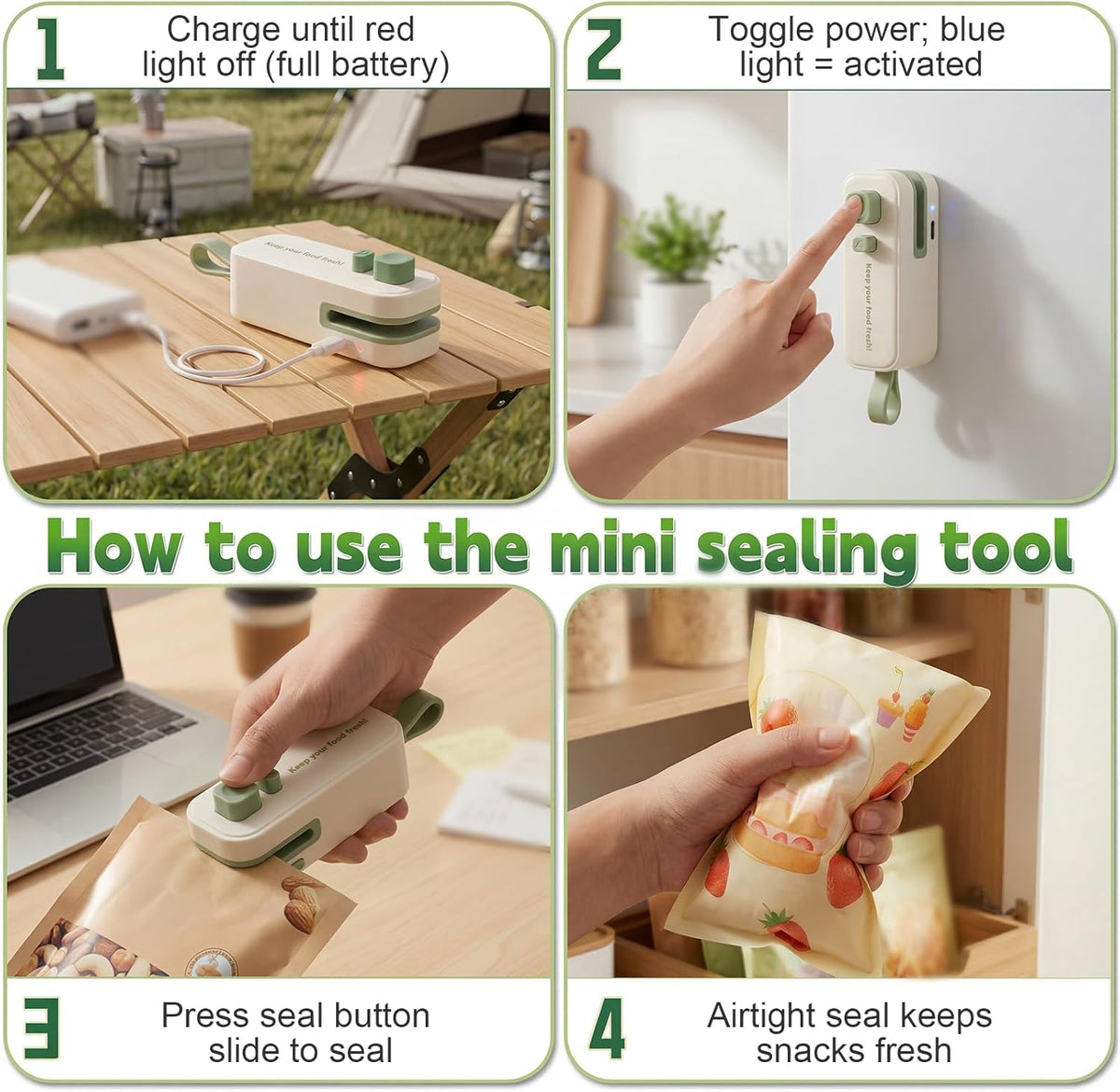 2in1 Mini Bag Sealer, Rechargeable Heat Sealer with Cutter and Magnet | Portable Design ,Bag Resealer for Food Storage ,Snacks Freshness, Use for Kitchen ,Green