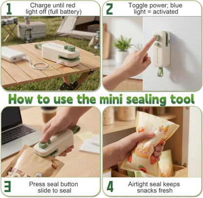 2in1 Mini Bag Sealer, Rechargeable Heat Sealer with Cutter and Magnet | Portable Design ,Bag Resealer for Food Storage ,Snacks Freshness, Use for Kitchen ,Green
