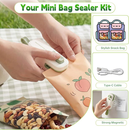 2in1 Mini Bag Sealer, Rechargeable Heat Sealer with Cutter and Magnet | Portable Design ,Bag Resealer for Food Storage ,Snacks Freshness, Use for Kitchen ,Green