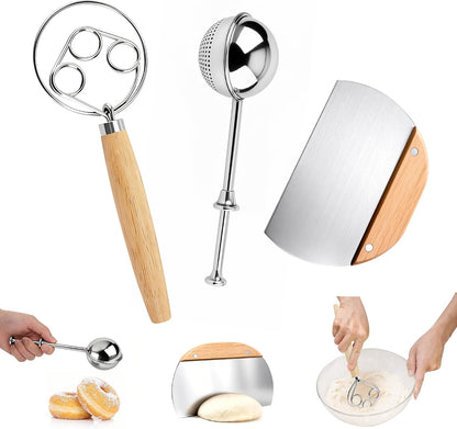 3-in-1 Set Danish Dough Whisk Flour Sifter Pastry Scraper Stainless Steel Suitable for the entire process of mixing, dividing, and adding spices in the production of Sourdough, Pizza, Pastry, and Cake