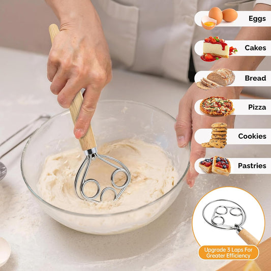 3-in-1 Set Danish Dough Whisk Flour Sifter Pastry Scraper Stainless Steel Suitable for the entire process of mixing, dividing, and adding spices in the production of Sourdough, Pizza, Pastry, and Cake