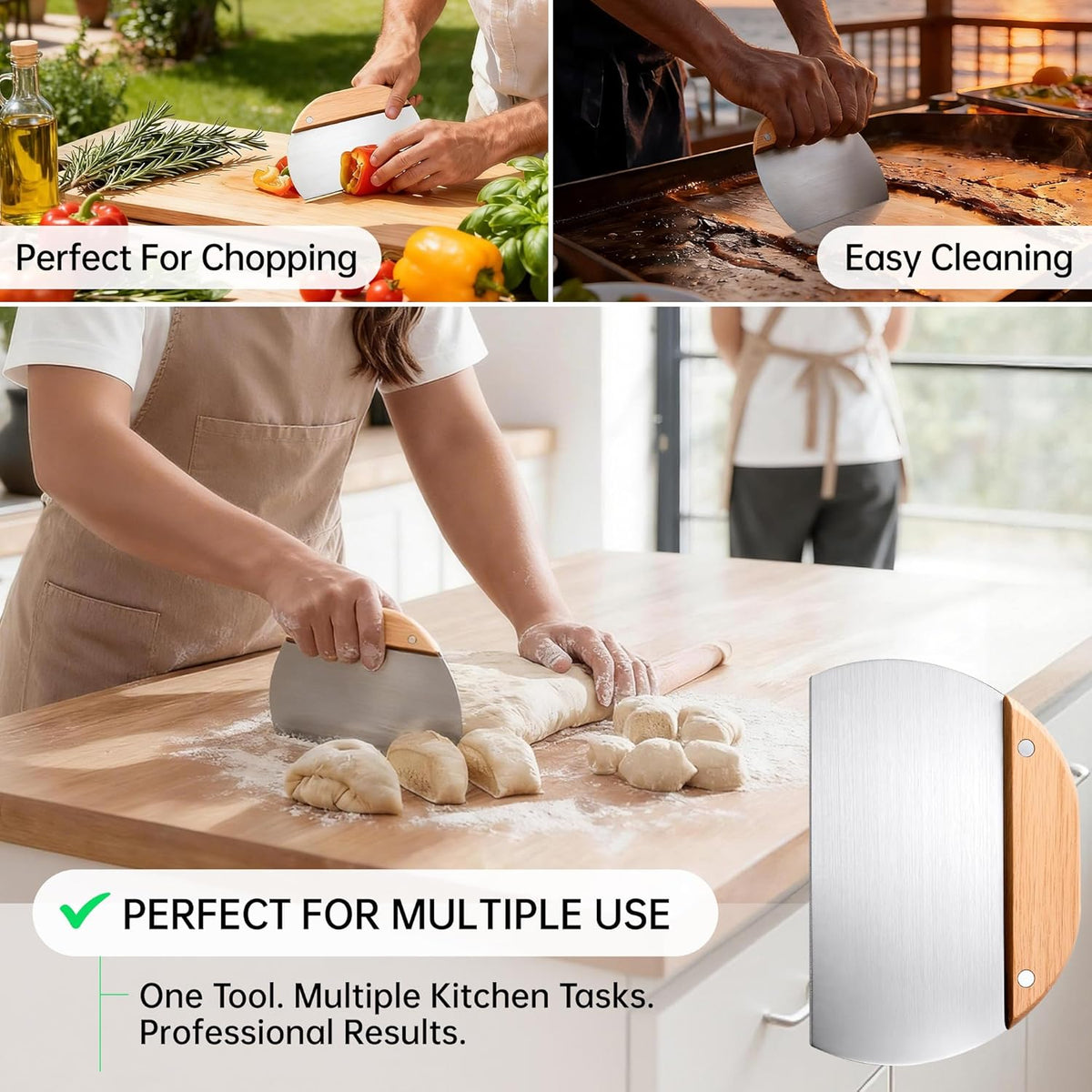 3-in-1 Set Danish Dough Whisk Flour Sifter Pastry Scraper Stainless Steel Suitable for the entire process of mixing, dividing, and adding spices in the production of Sourdough, Pizza, Pastry, and Cake