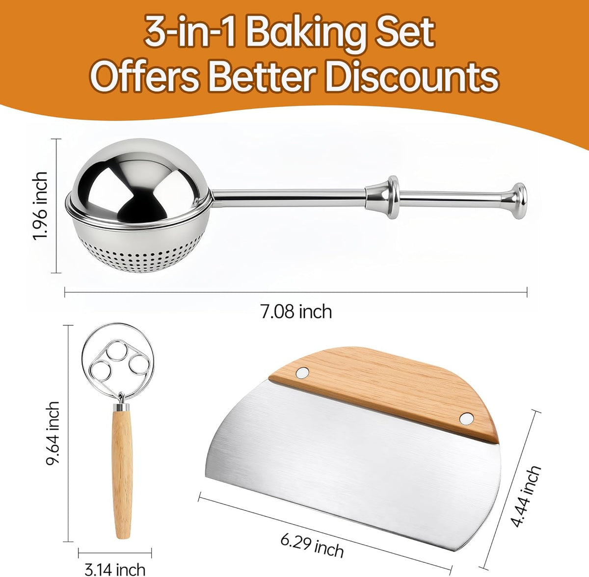 3-in-1 Set Danish Dough Whisk Flour Sifter Pastry Scraper Stainless Steel Suitable for the entire process of mixing, dividing, and adding spices in the production of Sourdough, Pizza, Pastry, and Cake