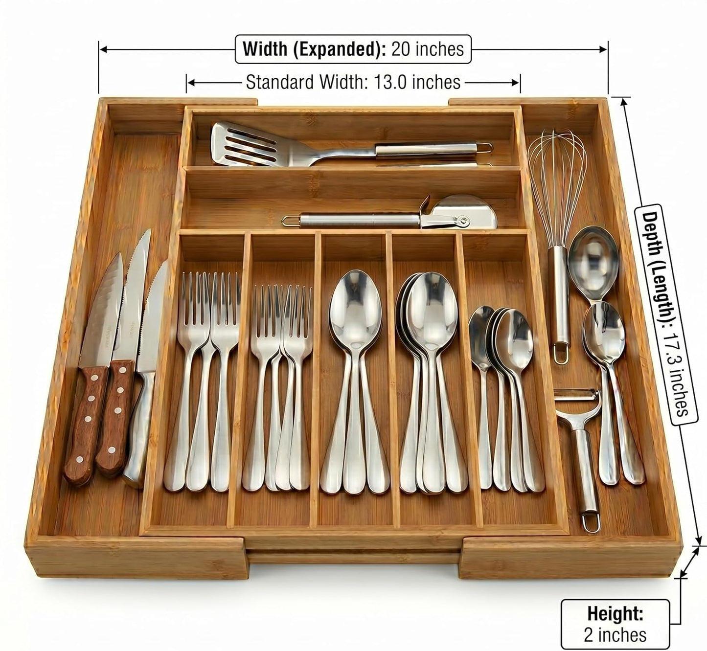 Expandable Bamboo Silverware Drawer Organizer - 20" Extra Wide Cutlery Tray with 9 Deep Compartments - 17.3" Length Large Utensil Holder & Kitchen Drawer Divider (Natural)