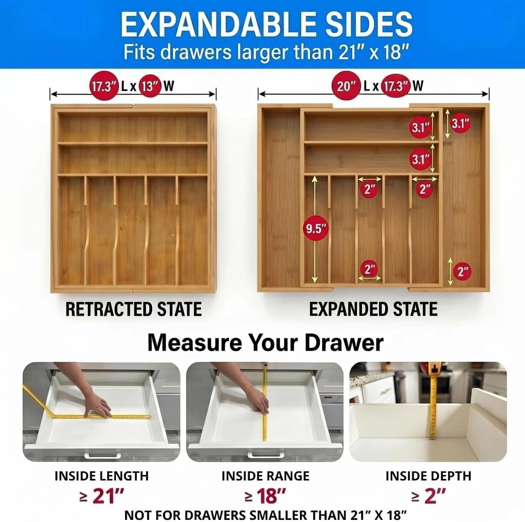 Expandable Bamboo Silverware Drawer Organizer - 20" Extra Wide Cutlery Tray with 9 Deep Compartments - 17.3" Length Large Utensil Holder & Kitchen Drawer Divider (Natural)