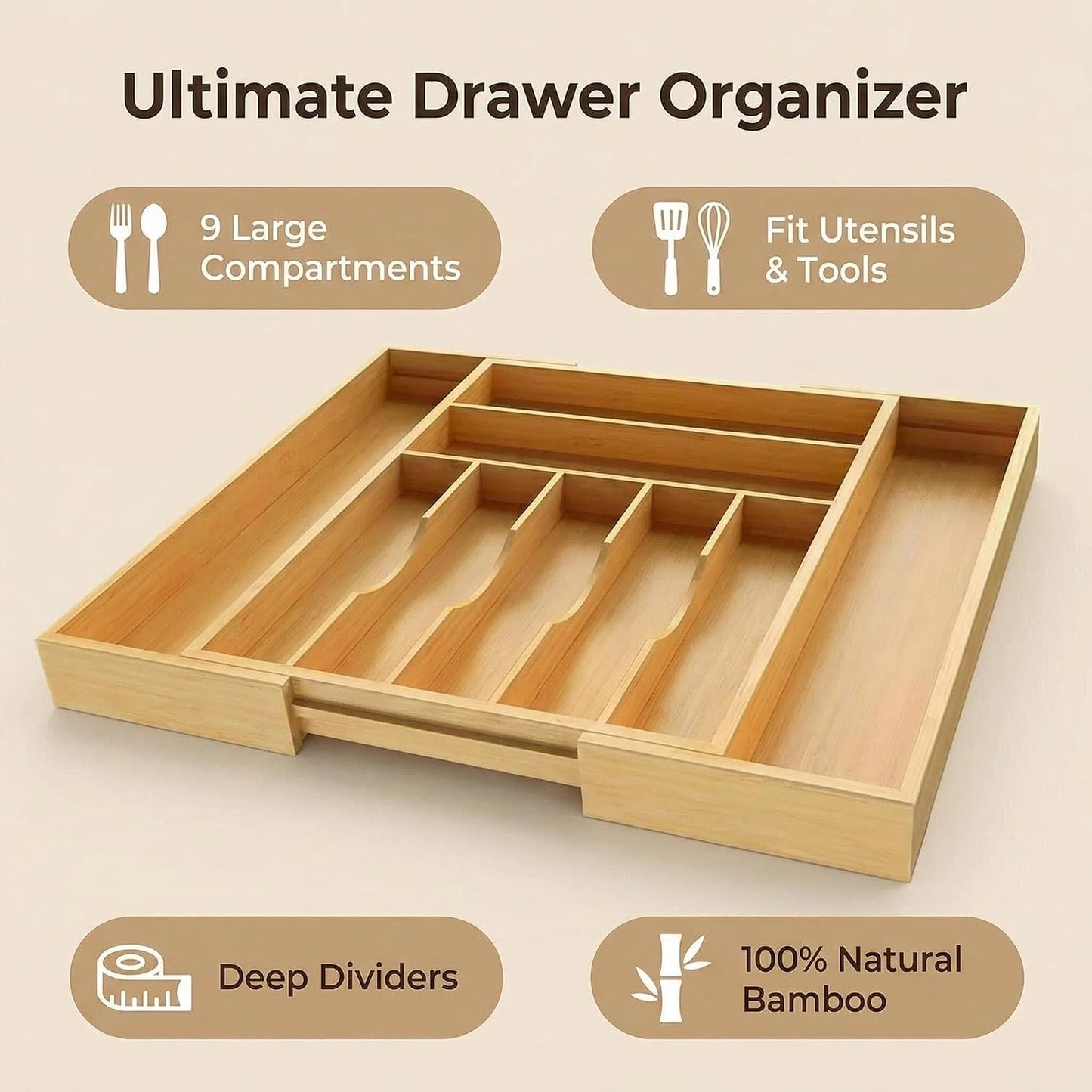 Expandable Bamboo Silverware Drawer Organizer - 20" Extra Wide Cutlery Tray with 9 Deep Compartments - 17.3" Length Large Utensil Holder & Kitchen Drawer Divider (Natural)
