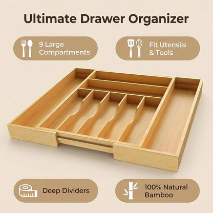Expandable Bamboo Silverware Drawer Organizer - 20" Extra Wide Cutlery Tray with 9 Deep Compartments - 17.3" Length Large Utensil Holder & Kitchen Drawer Divider (Natural)