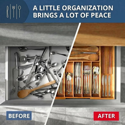 Expandable Bamboo Silverware Drawer Organizer - 20" Extra Wide Cutlery Tray with 9 Deep Compartments - 17.3" Length Large Utensil Holder & Kitchen Drawer Divider (Natural)