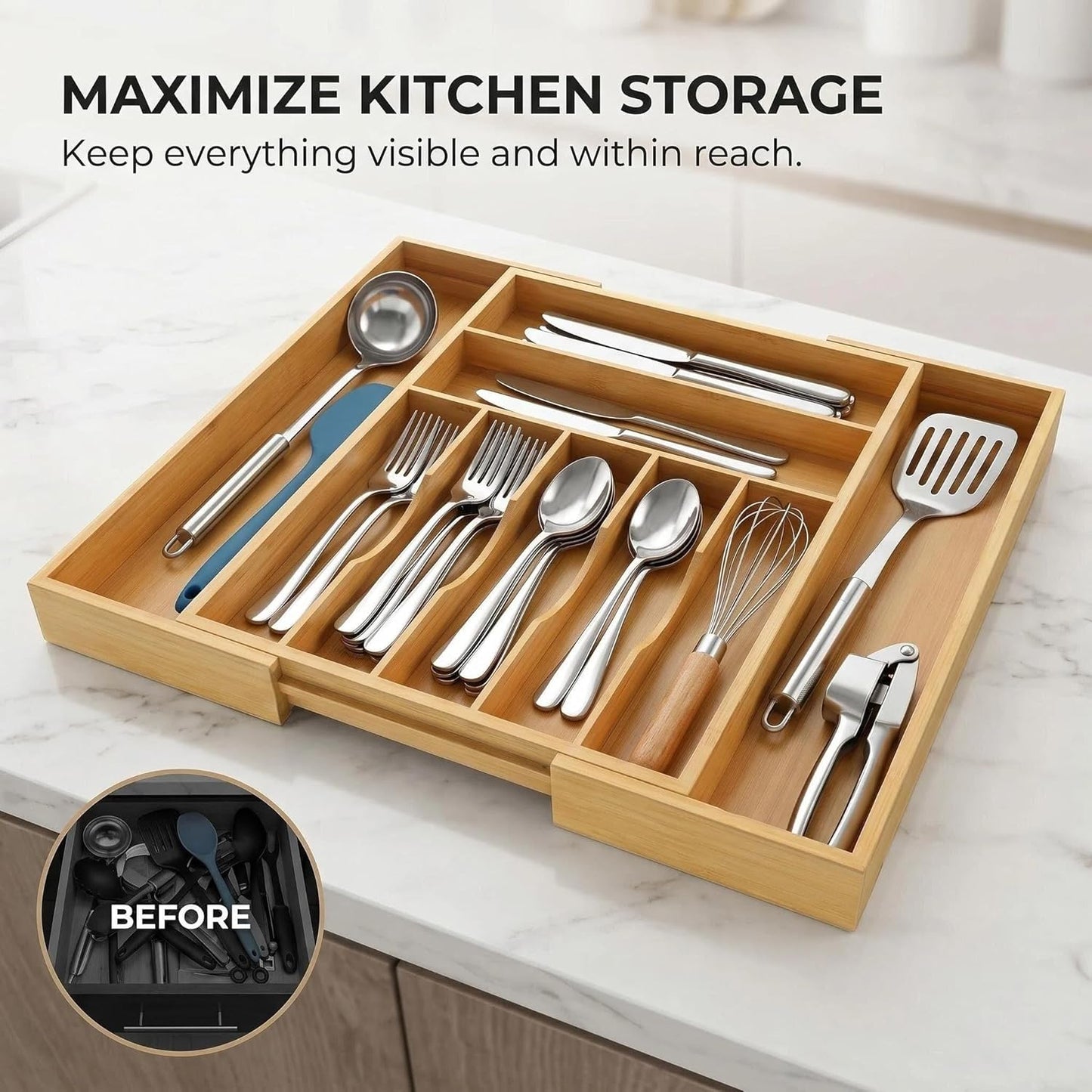 Expandable Bamboo Silverware Drawer Organizer - 20" Extra Wide Cutlery Tray with 9 Deep Compartments - 17.3" Length Large Utensil Holder & Kitchen Drawer Divider (Natural)