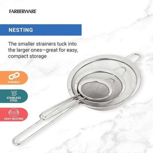 Stainless Steel Mesh Strainer Set of 3 - Fine Mesh Strainers for Kitchen, Small Medium Large Sizes for Draining Pasta, Rinsing Produce, Sifting, and Straining