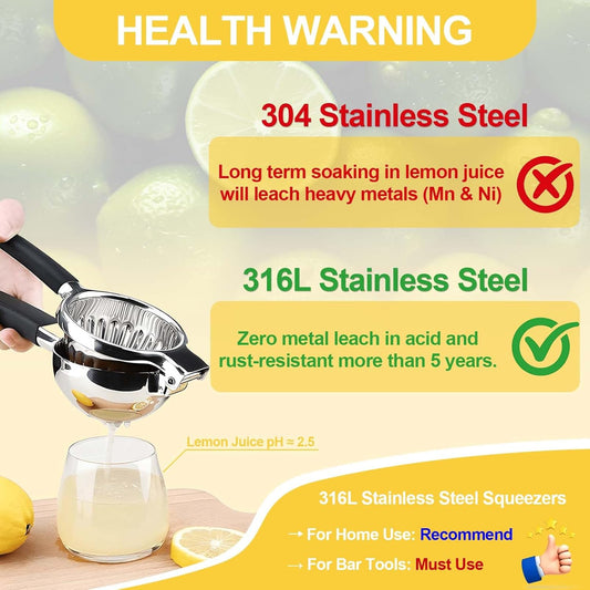 Premium 316L Medical-Grade Stainless Steel Lemon Squeezer - Baby-Safe Citrus Juicer, Heavy-Duty Manual Lime Squeezer with Zero Heavy Metal Leaching