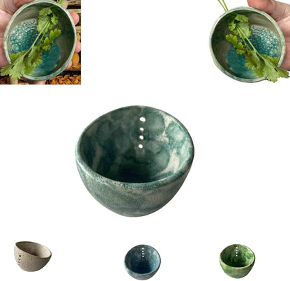 Ceramic Herb Stripper Bowl - Handcrafted Herb Stripping Cup with Multiple Hole Sizes for Fresh Thyme, Rosemary & Parsley, Natural Clay Herb Removal Tool for Kitchen, 3.94x3.35x2.56 Inch (White)