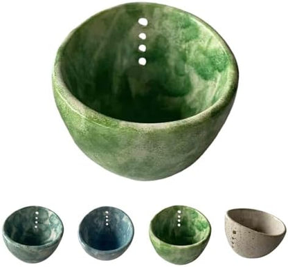 Ceramic Herb Stripper Bowl - Handcrafted Herb Stripping Cup with Multiple Hole Sizes for Fresh Thyme, Rosemary & Parsley, Natural Clay Herb Removal Tool for Kitchen, 3.94x3.35x2.56 Inch (White)