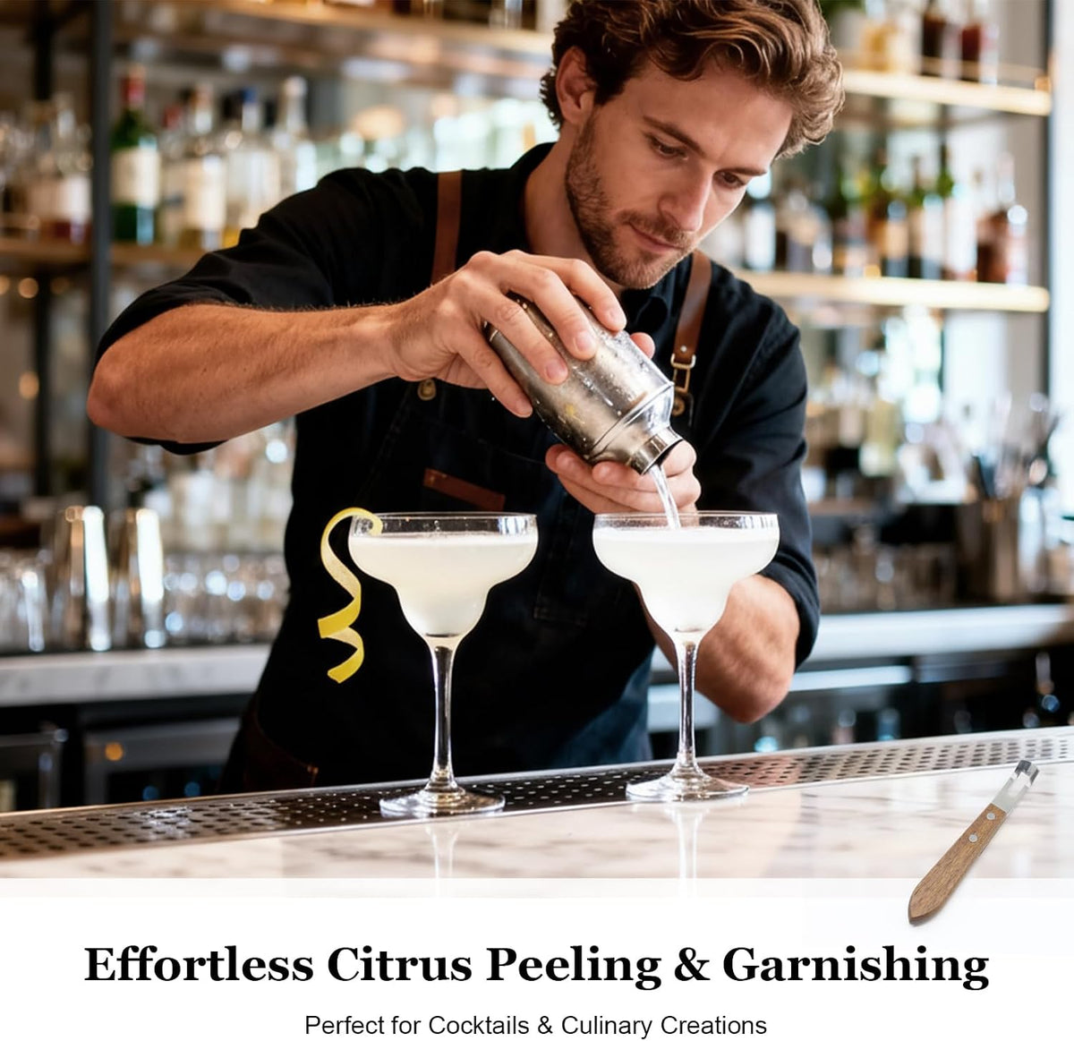Channel Knife for Cocktails, Lemon Twist Tool and Citrus Peeler, Orange Peeler for Old Fashioned, Stainless Steel Bar Peeler with Walnut Handle for Home Bar Garnishes