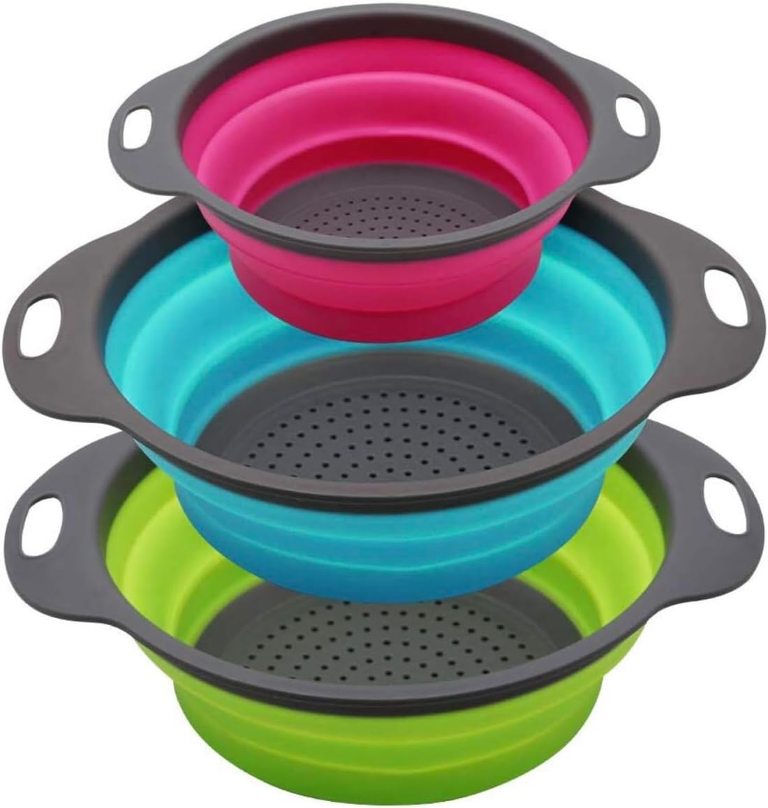 Set of 3 Niklye Ultimate Kitchen Strainers—1×10” & 2×12” Collapsible Silicone Colanders. Now more durable and robust for everyday use with pasta, veggies, fruit & more.